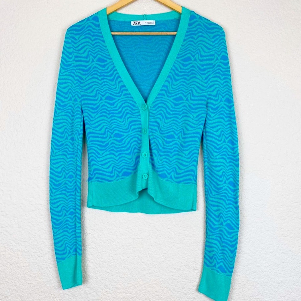 New Zara Blue Turquoise Waves Jacquard Zebra Print Knit Cropped Cardigan - Picture 8 of 13